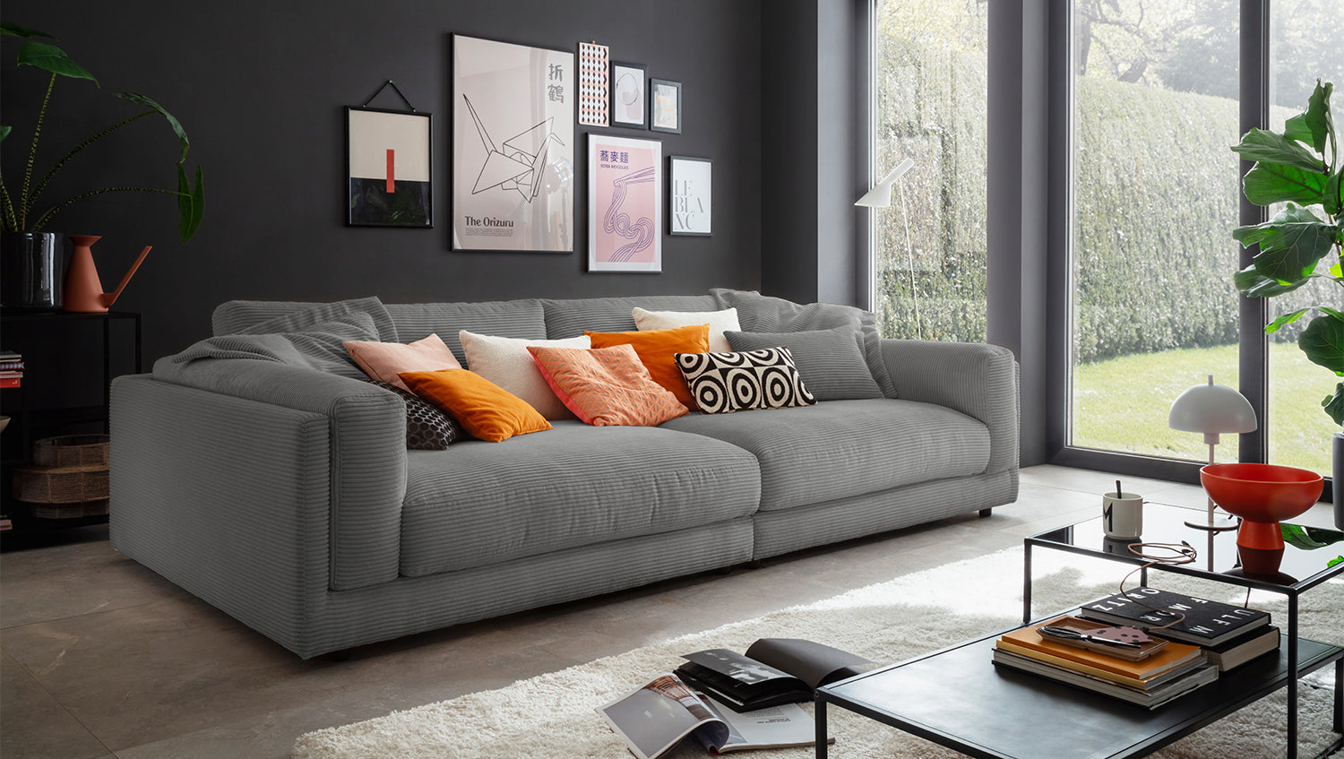 KAWOLA Big Sofa RAINA Cord grau, 294 x 150
