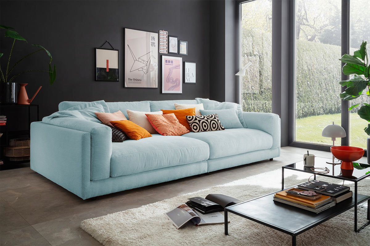KAWOLA Big Sofa RAINA Cord hellblau, 294 x 150