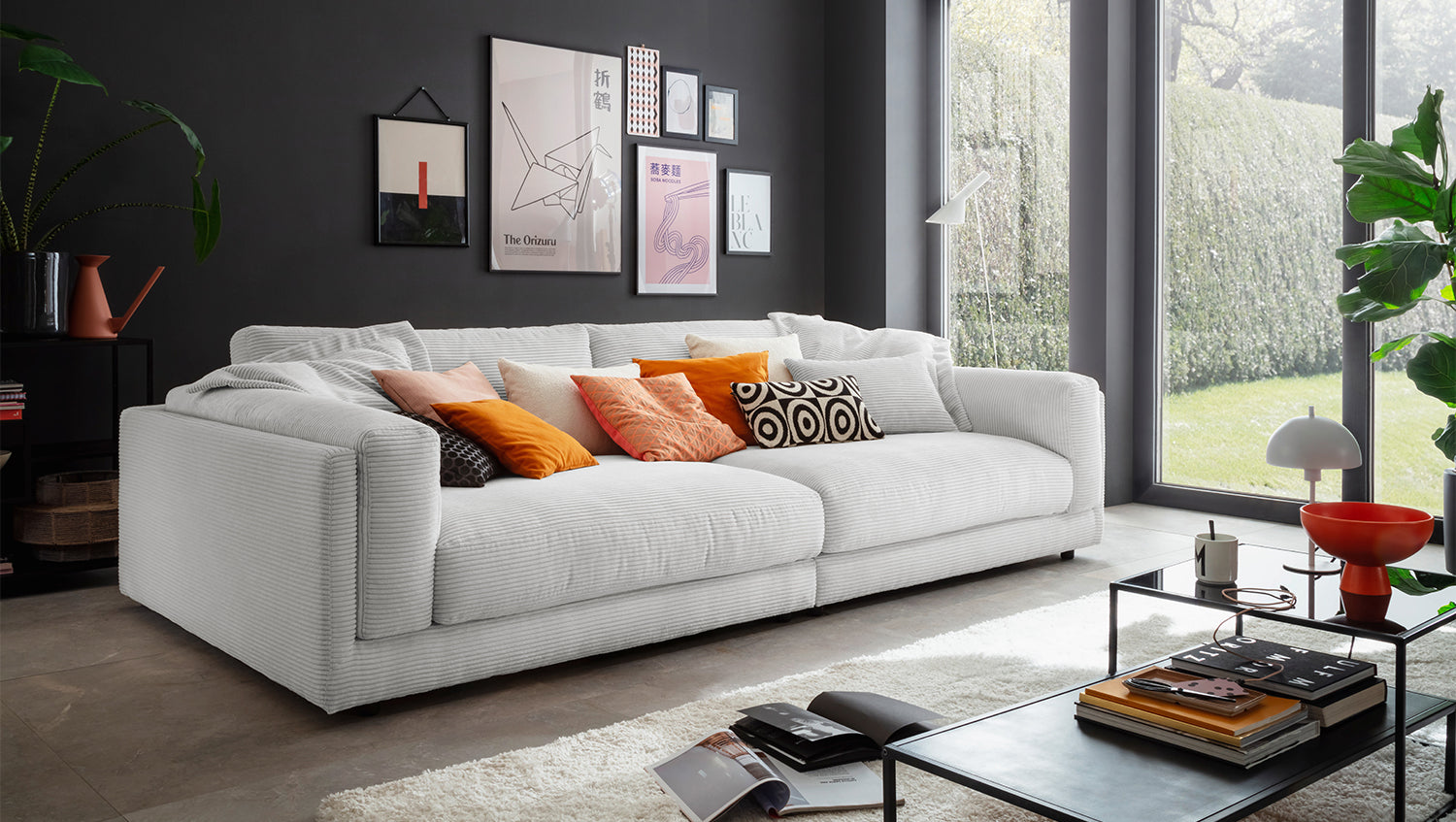 KAWOLA Big Sofa RAINA Cord hellgrau, 294 x 150