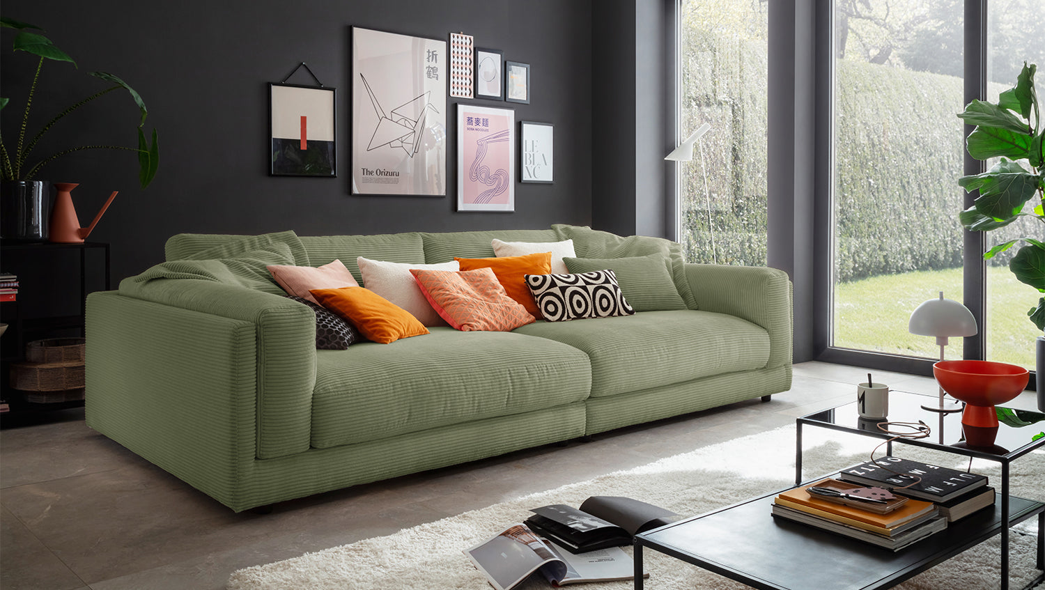 KAWOLA Big Sofa RAINA Cord olivgrün, 294 x 150