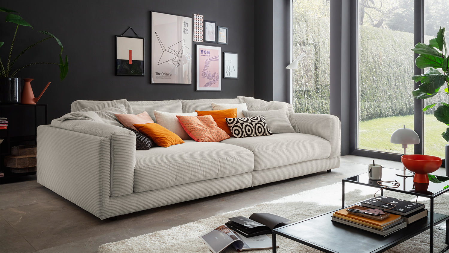 KAWOLA Big Sofa RAINA Cord steingrau, 294 x 150