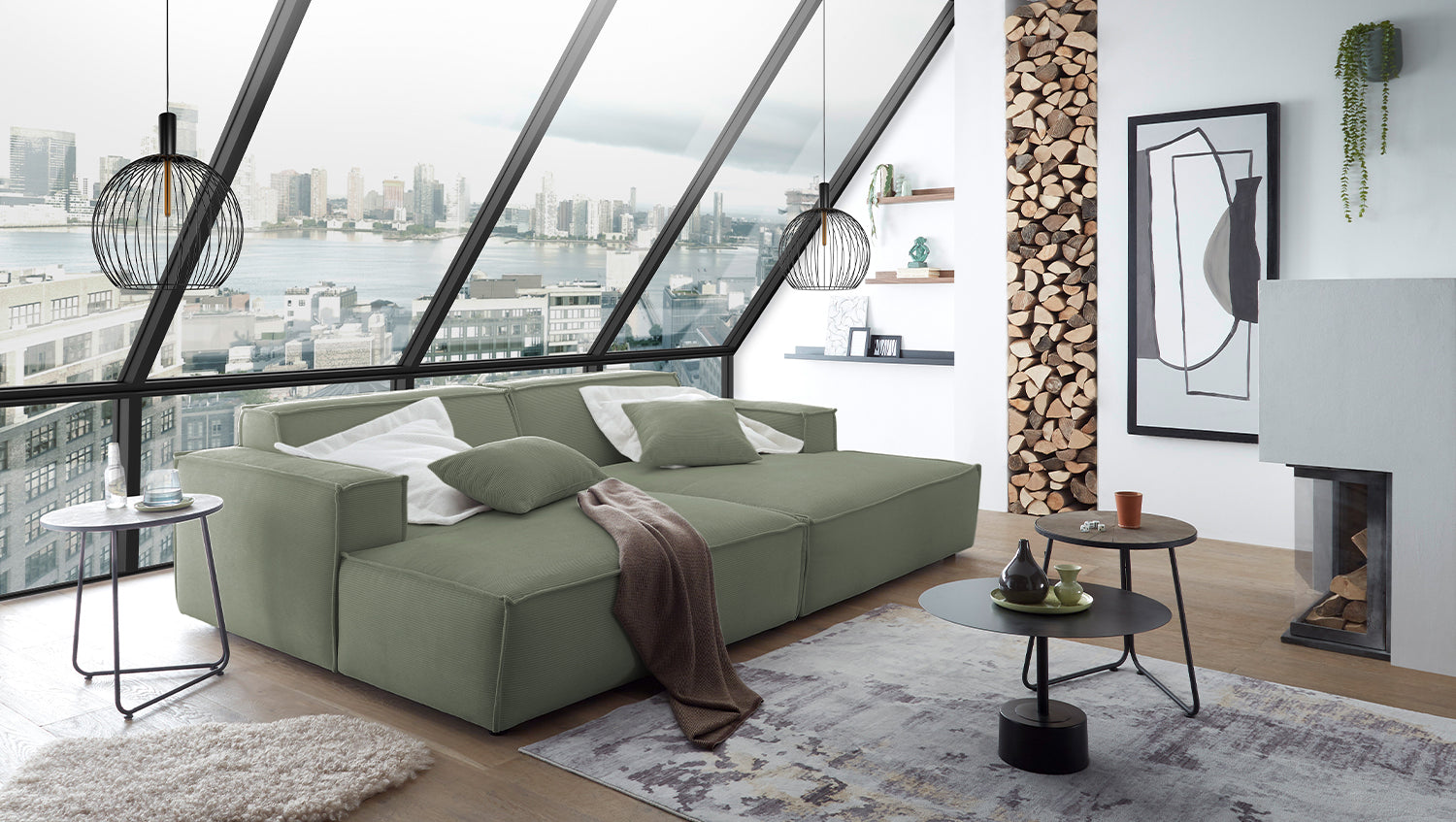 KAWOLA Big Sofa SAMU Feincord olivgrün