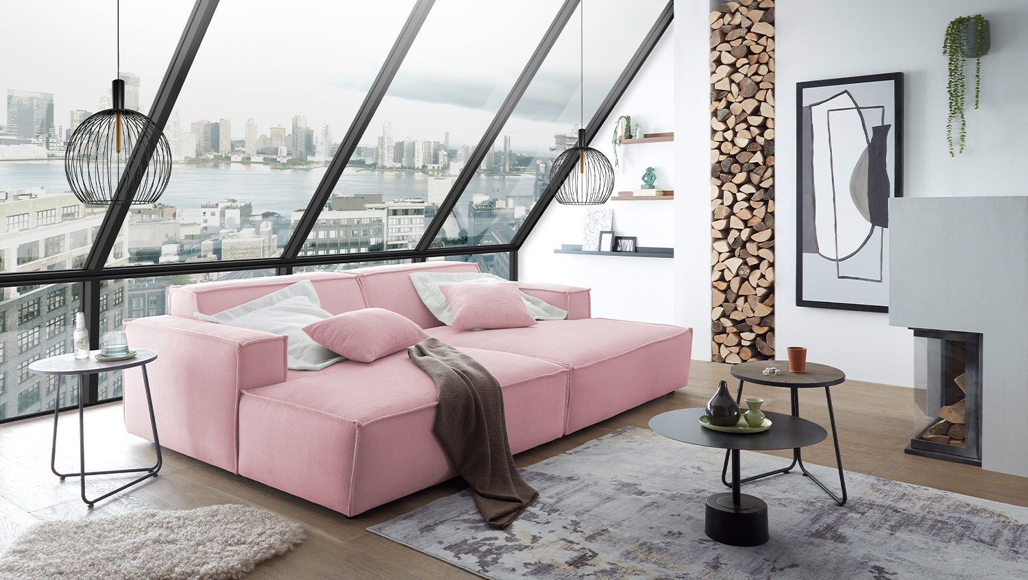 KAWOLA Big Sofa SAMU Feincord rosa
