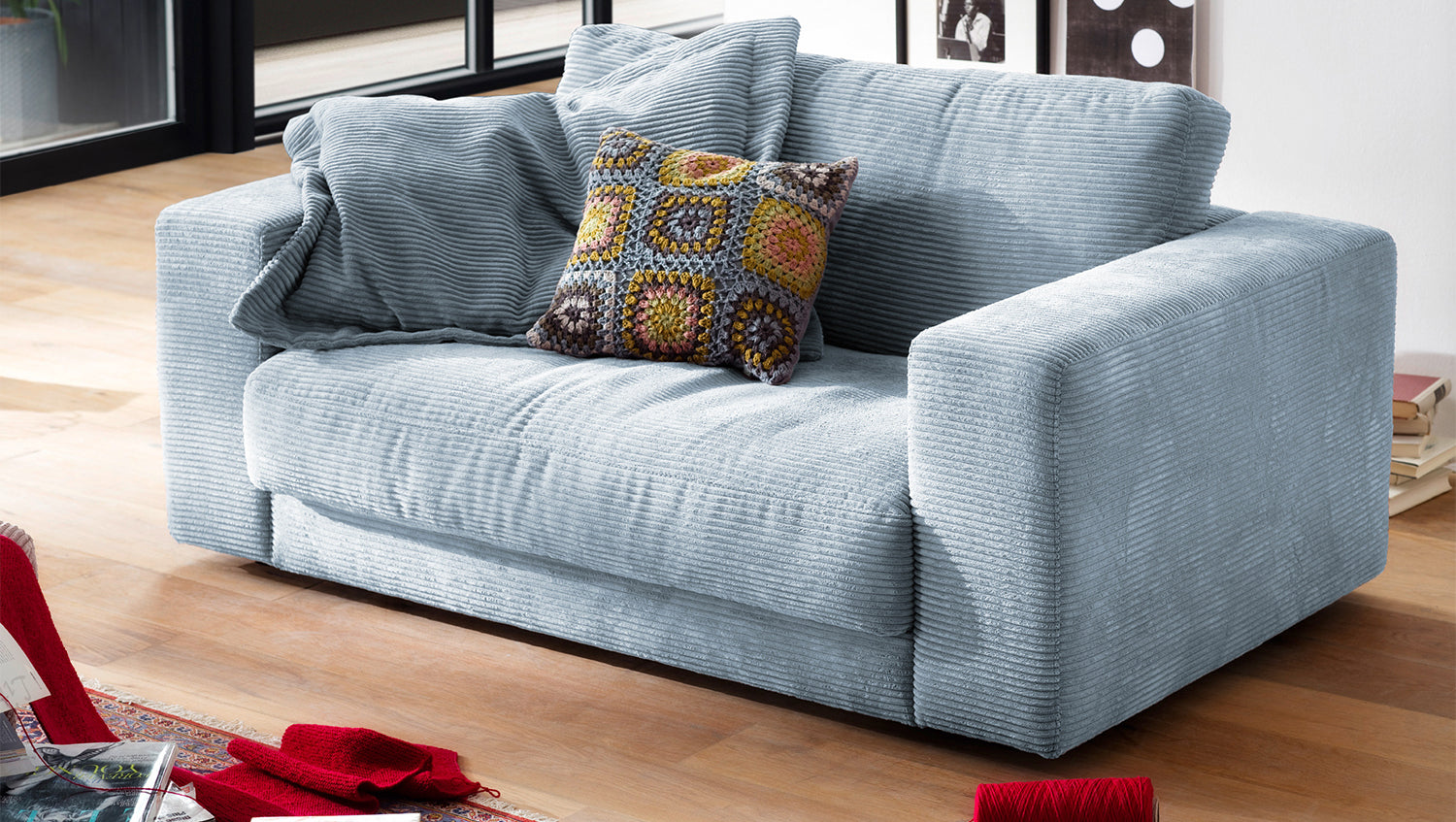KAWOLA Doppelsessel MADELINE Loveseat Cord hellblau