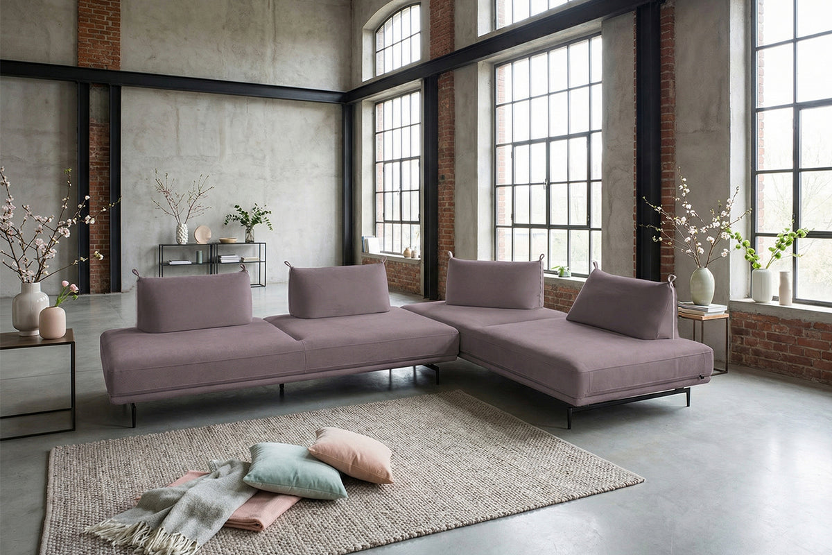 KAWOLA Ecksofa CANE Schlafsofa Daybed Stoff lila, ohne Armlehnkissen