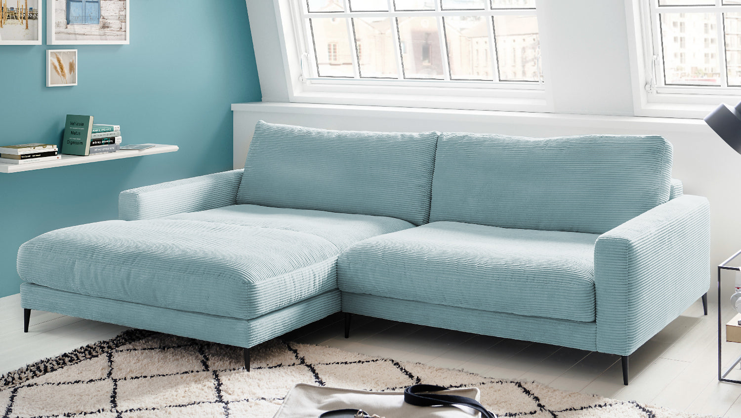 KAWOLA Ecksofa CARA Sofa Cord hellblau