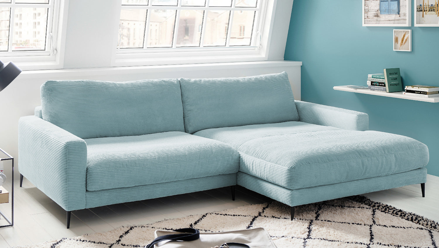 KAWOLA Ecksofa CARA Sofa Cord hellblau