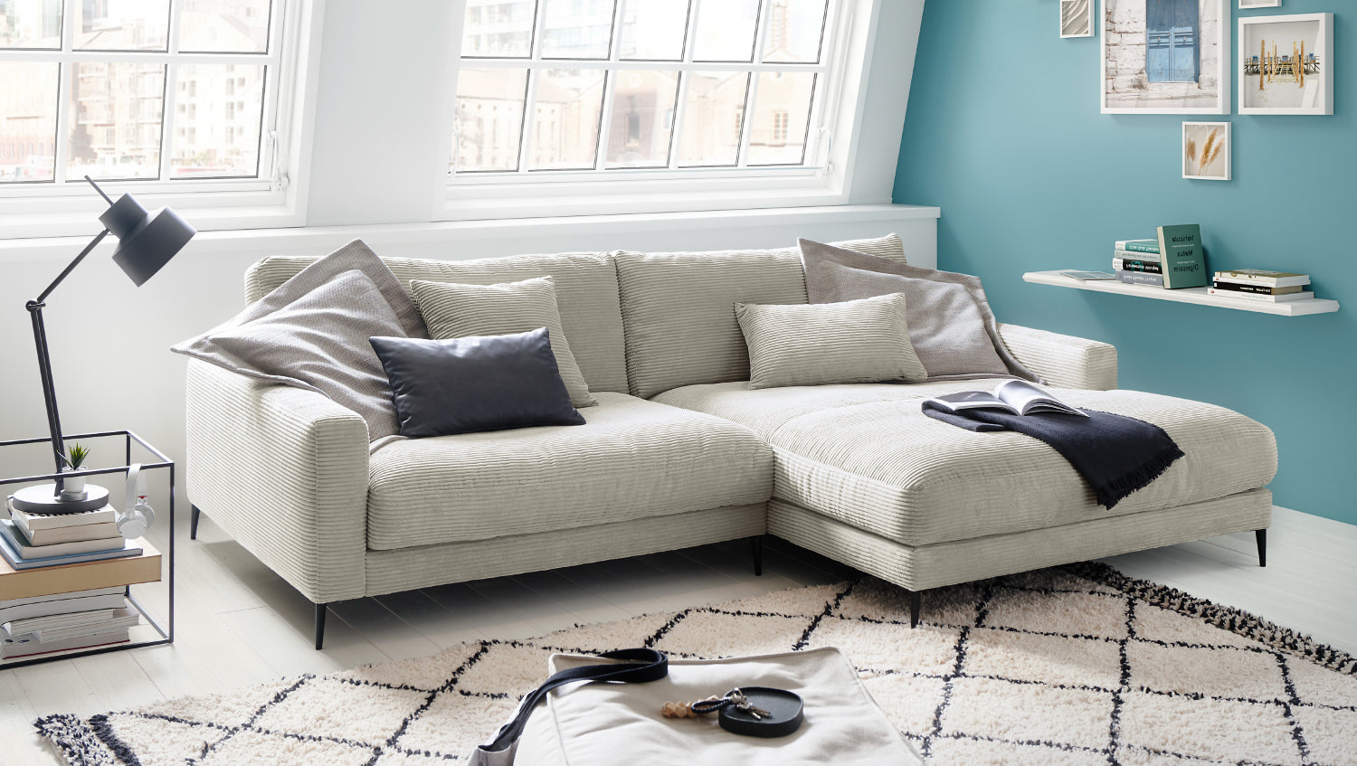 KAWOLA Ecksofa CARA Sofa Cord hellgrau, Rechts