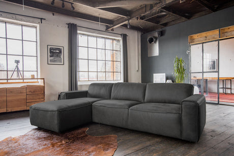 KAWOLA Ecksofa EXTRA Sofa Leder grau Recamiere links groß mit manueller Sitztiefenverstellung