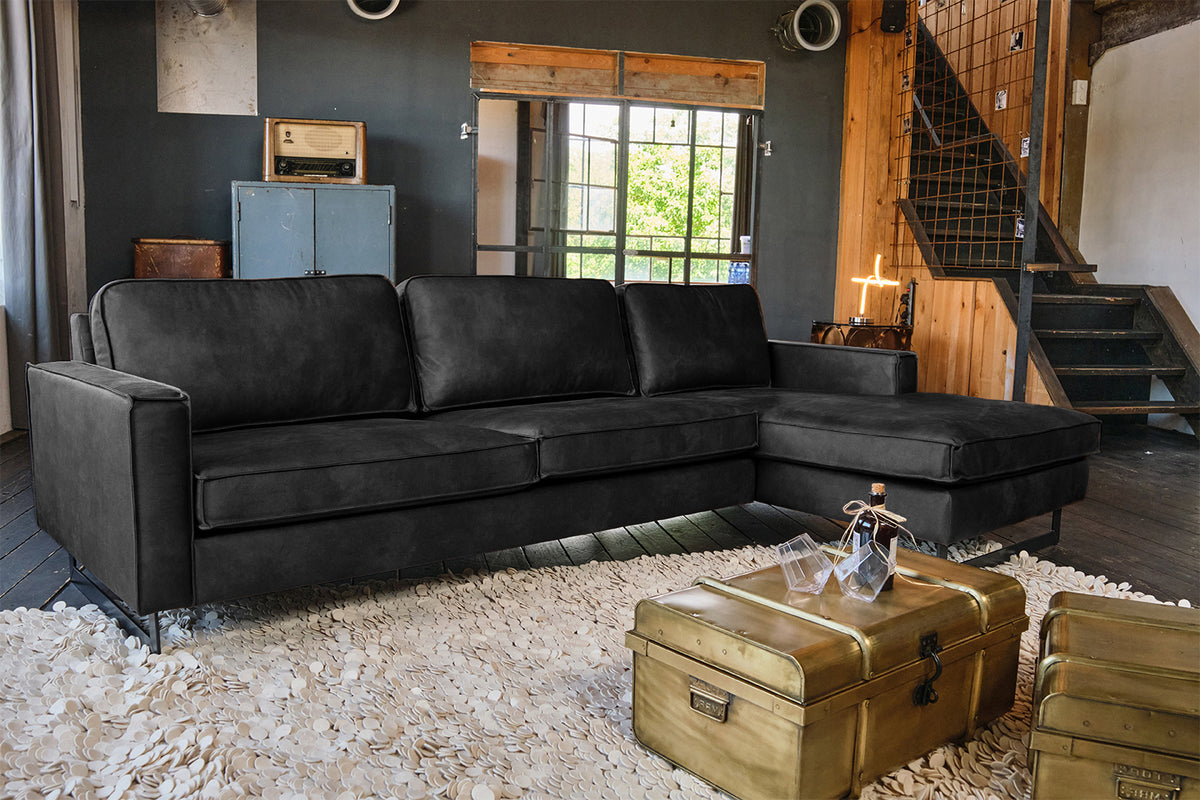 KAWOLA Ecksofa VILNIUS 3-Sitzer mit Longchair Lederfaserstoff schwarz
