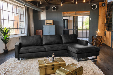 KAWOLA Ecksofa VILNIUS 3-Sitzer mit Longchair Lederfaserstoff schwarz, Rechts
