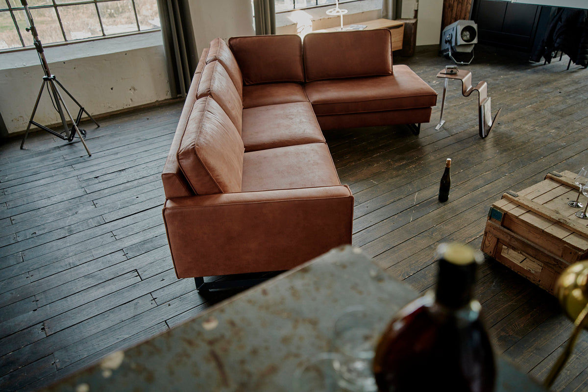 KAWOLA Ecksofa VILNIUS 3-Sitzer mit Recamiere Lederfaserstoff cognac