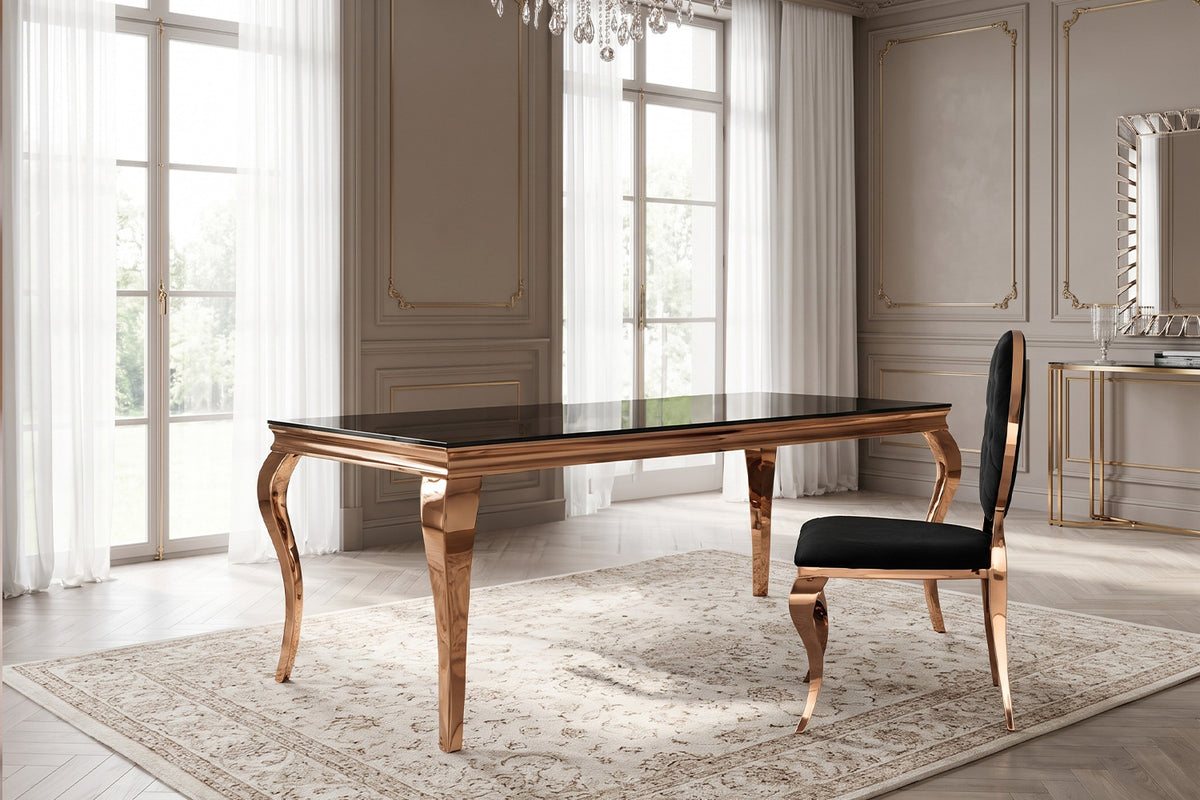 KAWOLA Esstisch AMARA Barock Glas Gestell Edelstahl rosé gold