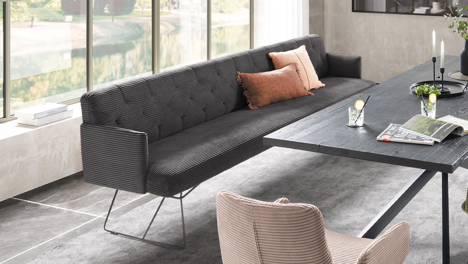 KAWOLA Esszimmerbank CHARME Cord grau, 3-Sitzer