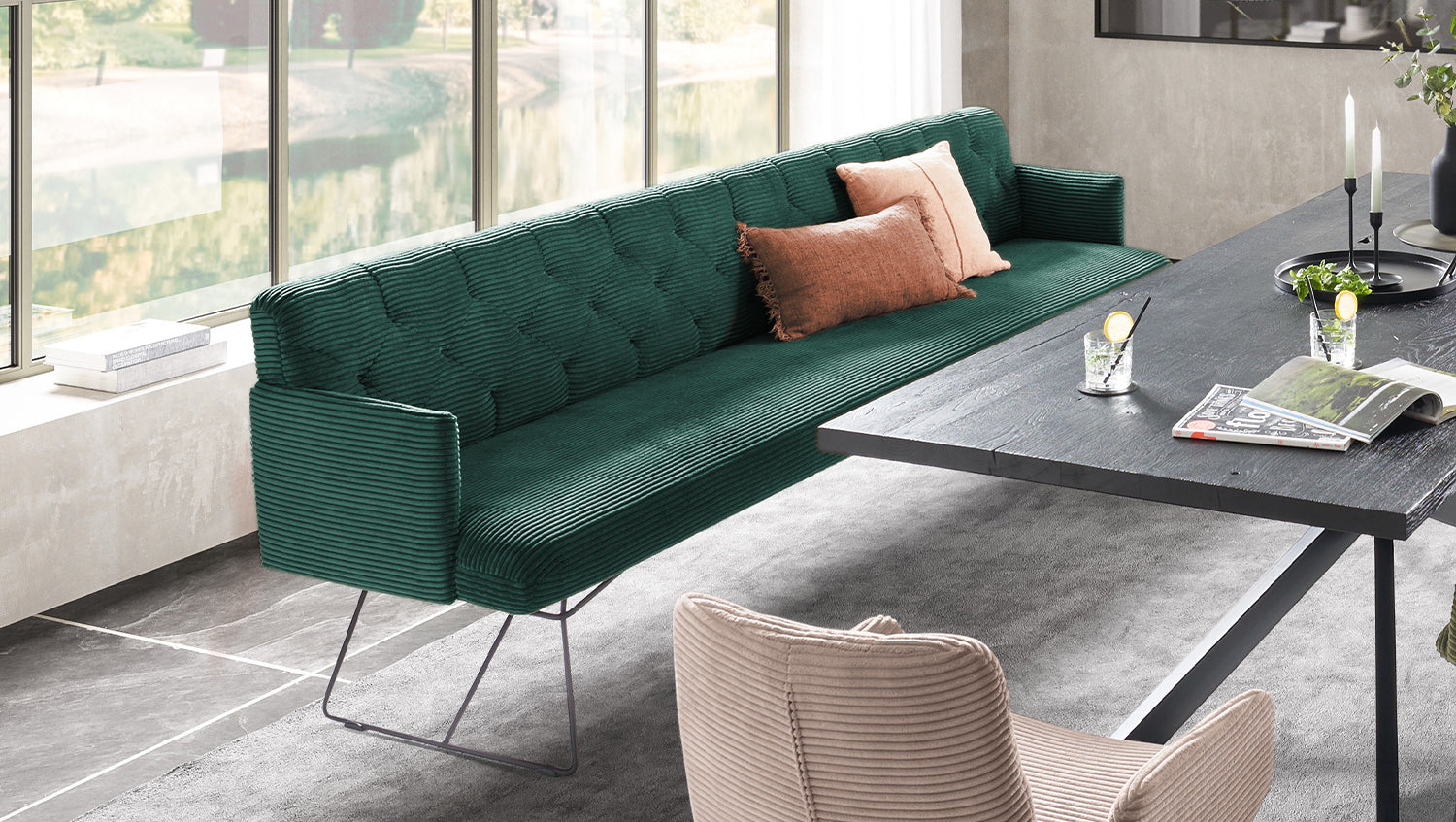KAWOLA Esszimmerbank CHARME Cord smaragd, 3-Sitzer
