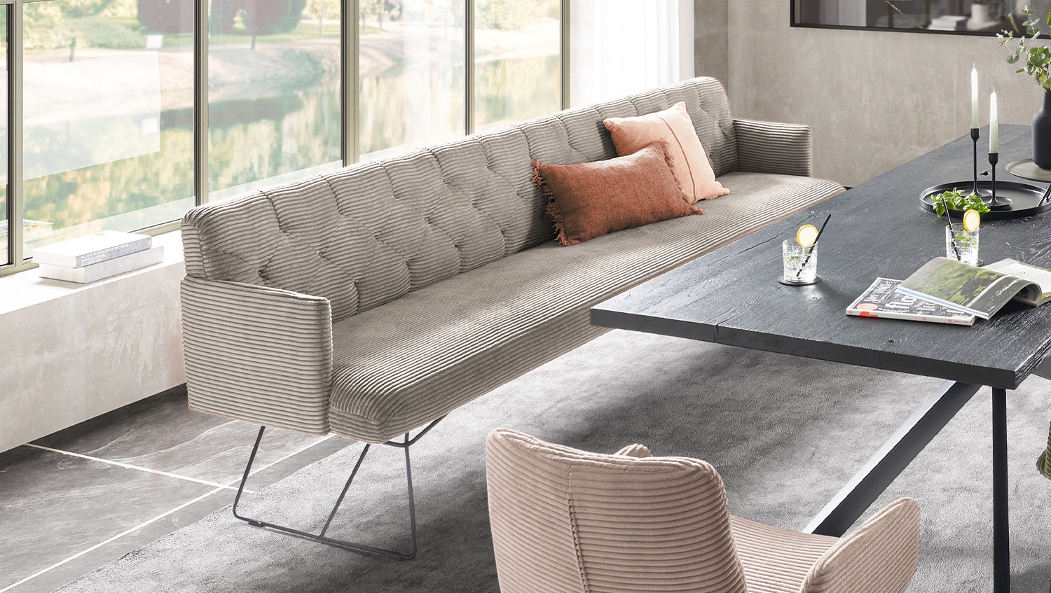 KAWOLA Esszimmerbank CHARME Cord steingrau, 3.5-Sitzer