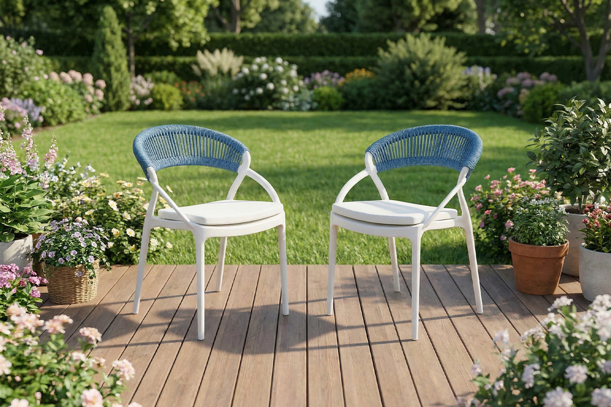 KAWOLA Gartenstuhl KISO Outdoor weiß mit Kissen Rückenlehne Rope dunkelblau