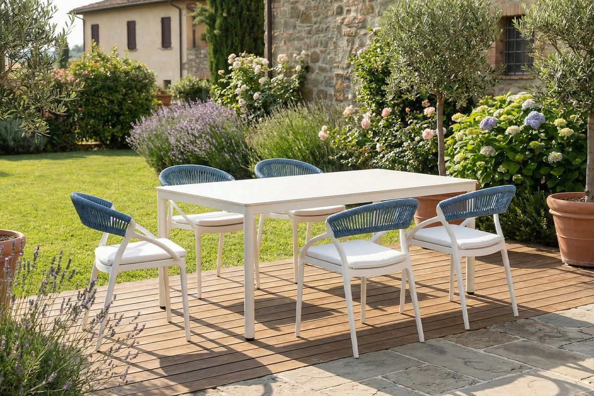 KAWOLA Gartenstuhl KISO Outdoor weiß mit Kissen Rückenlehne Rope dunkelblau