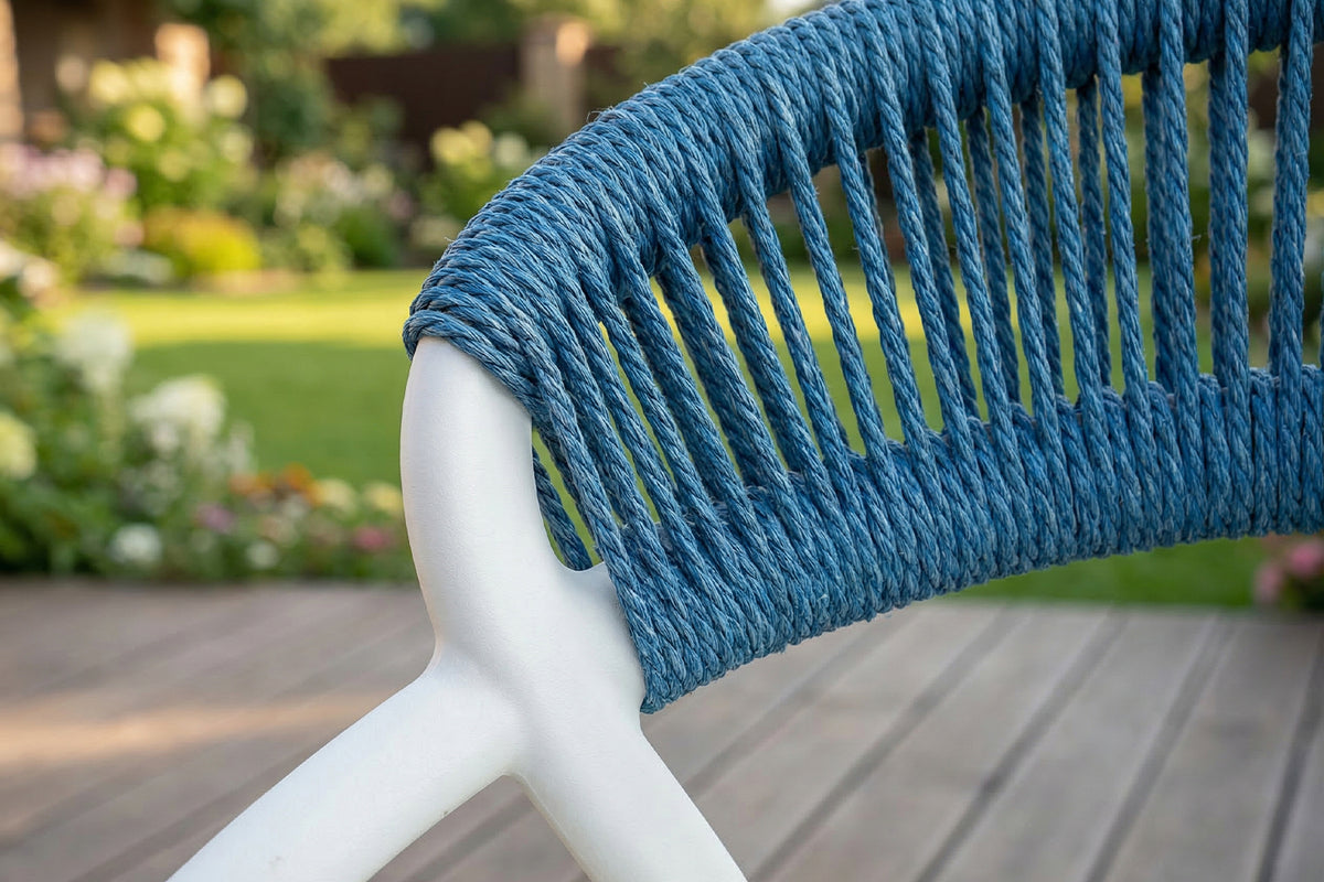 KAWOLA Gartenstuhl KISO Outdoor weiß mit Kissen Rückenlehne Rope dunkelblau