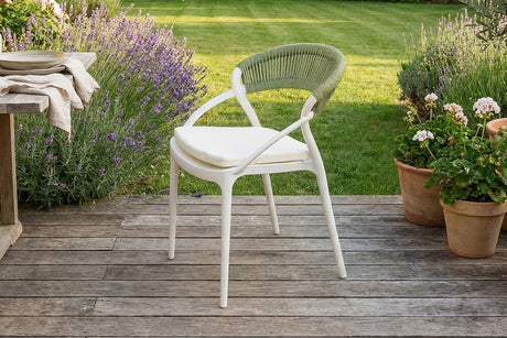 KAWOLA Gartenstuhl KISO Outdoor weiß mit Kissen Rückenlehne Rope grün