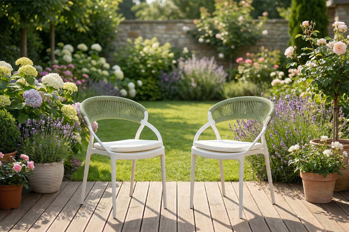 KAWOLA Gartenstuhl KISO Outdoor weiß mit Kissen Rückenlehne Rope grün