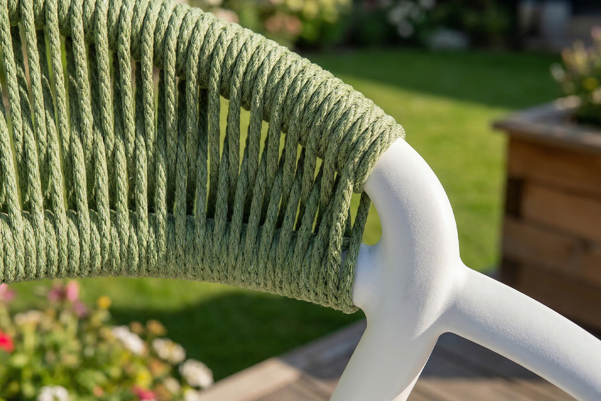 KAWOLA Gartenstuhl KISO Outdoor weiß mit Kissen Rückenlehne Rope grün