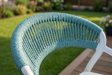 KAWOLA Gartenstuhl KISO Outdoor weiß mit Kissen Rückenlehne Rope hellblau