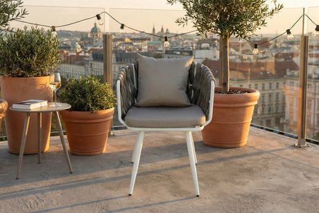 KAWOLA Gartenstuhl LUSHA Outdoor cremefarben Rope dunkelgrau mit Kissen