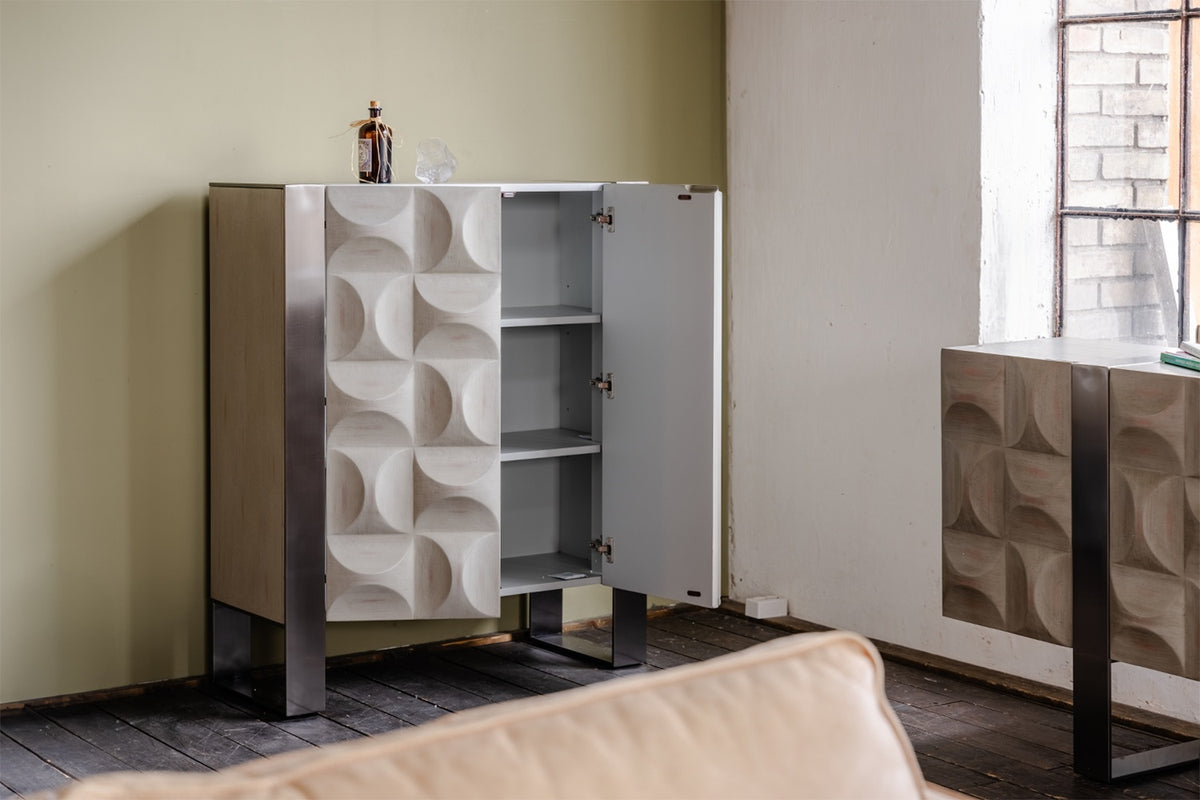 KAWOLA Highboard MARGO 2 Türen Ulme furniert grau Fuß Edelstahl gebürstet