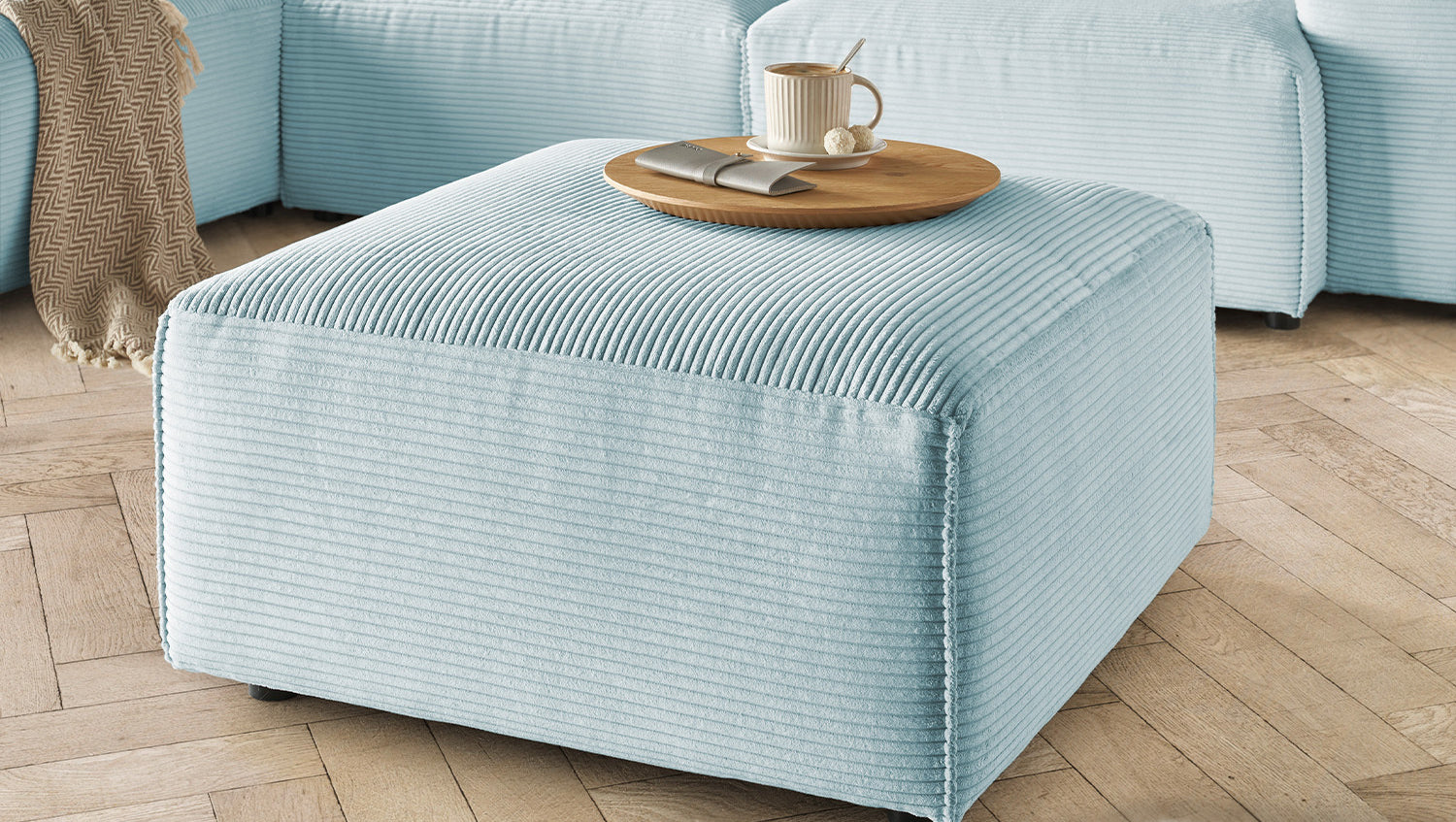 KAWOLA Hocker RANI Polsterhocker Cord hellblau