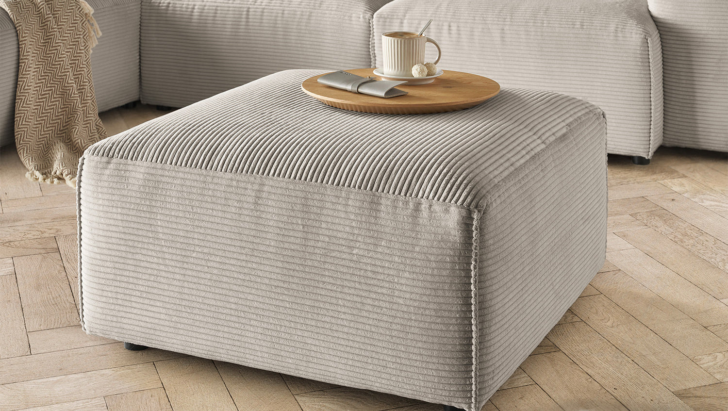 KAWOLA Hocker RANI Polsterhocker Cord steingrau