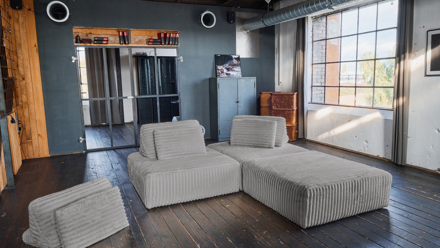 KAWOLA Modulsofa WIOLO SOFT 3 Module 3 Rückenkissen Weicher Breitcord grau