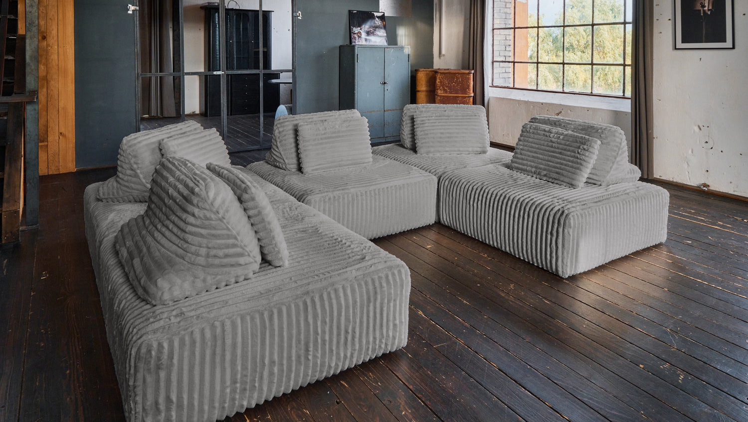 KAWOLA Modulsofa WIOLO SOFT 5 Module 5 Rückenkissen Weicher Breitcord grau