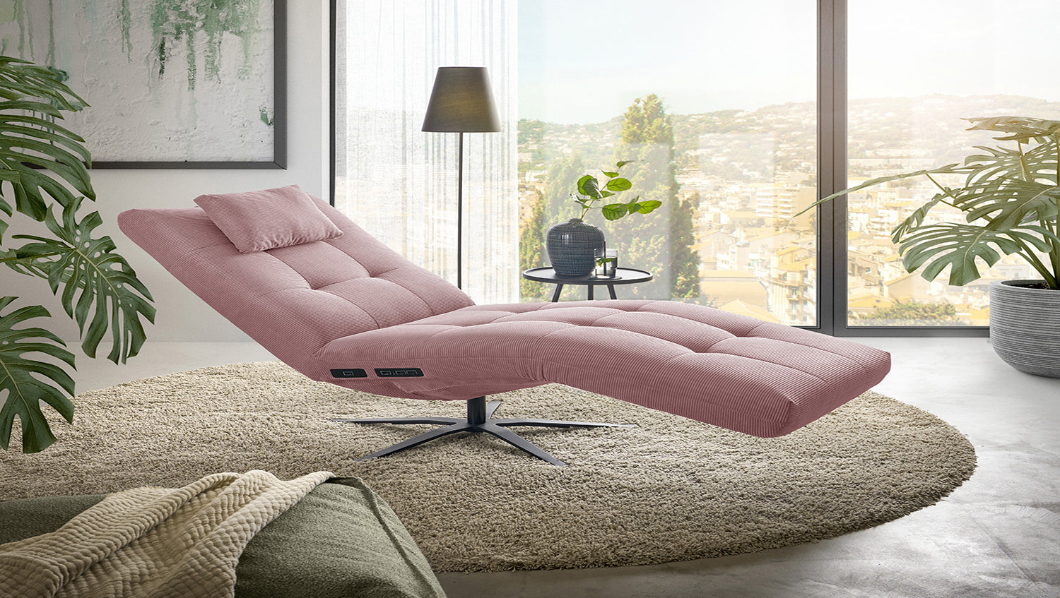 KAWOLA Relaxliege LETICIA motorisch Feincord rosa, Mit Kissen, Relaxfunktion, Drehbar (360°), Ohne Akku