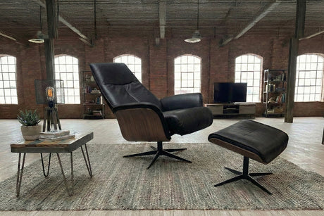 KAWOLA Relaxsessel FERREIRA Drehsessel Lederfaserstoff schwarz mit Hocker