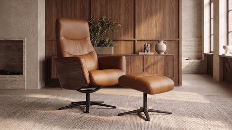 KAWOLA Relaxsessel VANITAS Drehsessel Leder braun mit Hocker, Armlehne Nussbaum