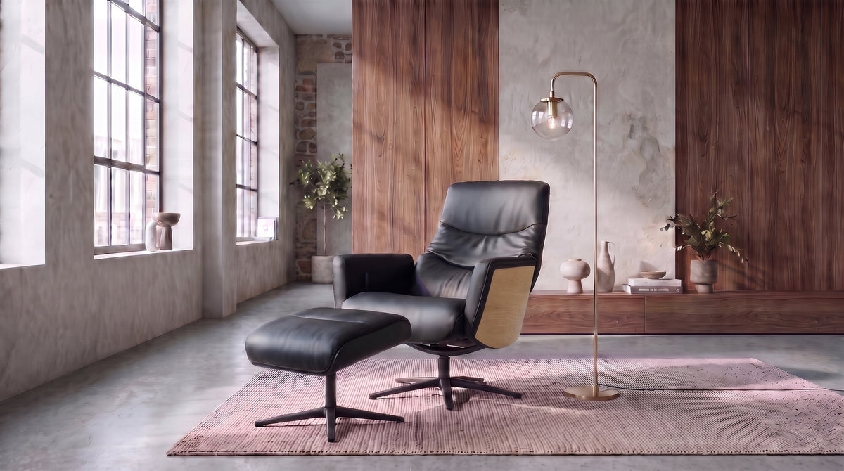 KAWOLA Relaxsessel VANITAS Drehsessel Leder schwarz mit Hocker
