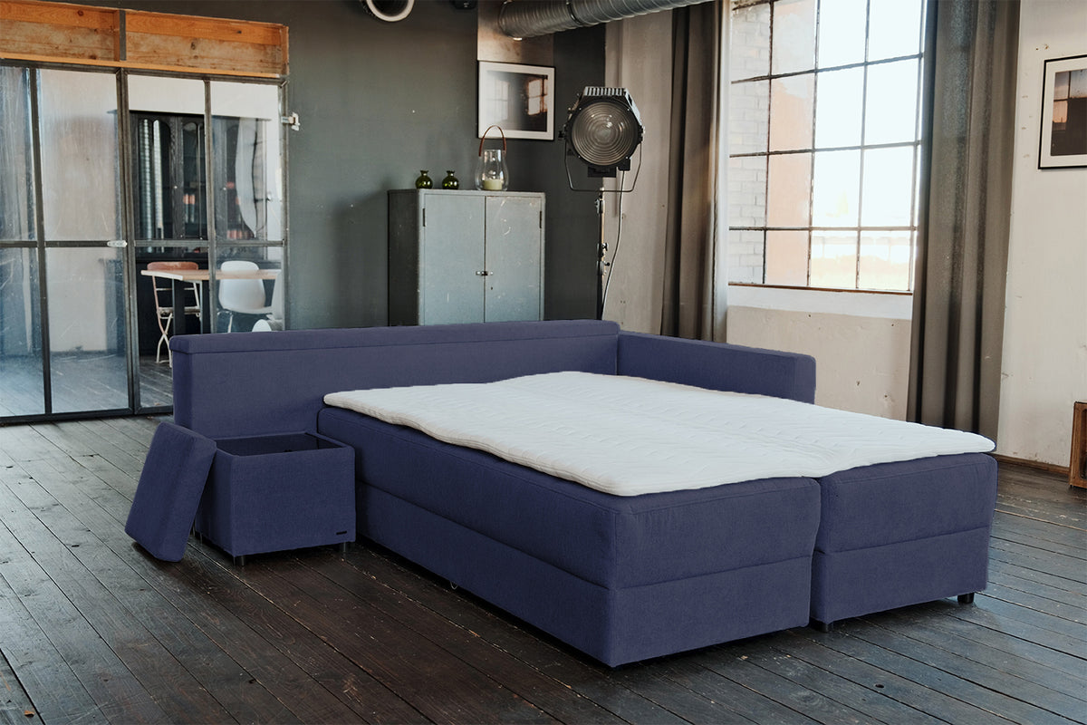 KAWOLA Schlafsofa IDA Sofa Boxspringbett Stoff dunkelblau mit Topper
