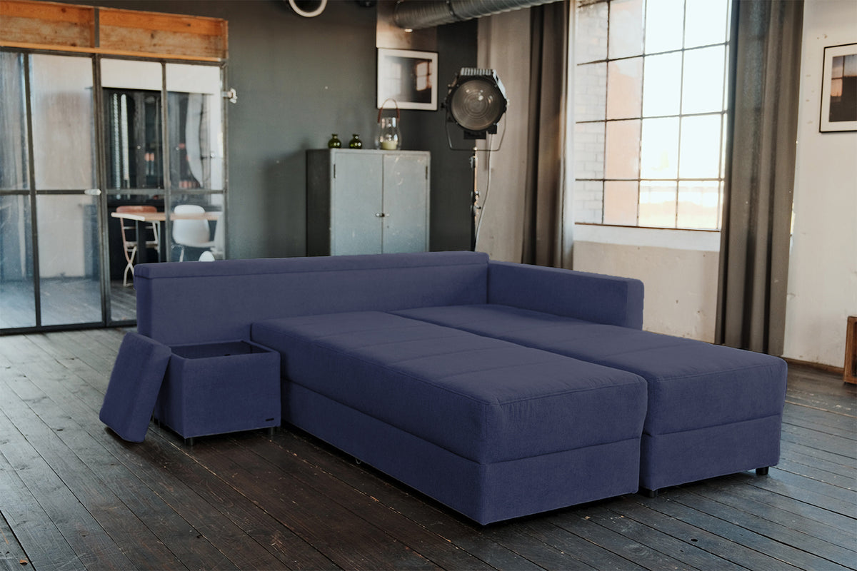 KAWOLA Schlafsofa IDA Sofa Boxspringbett Stoff dunkelblau mit Topper