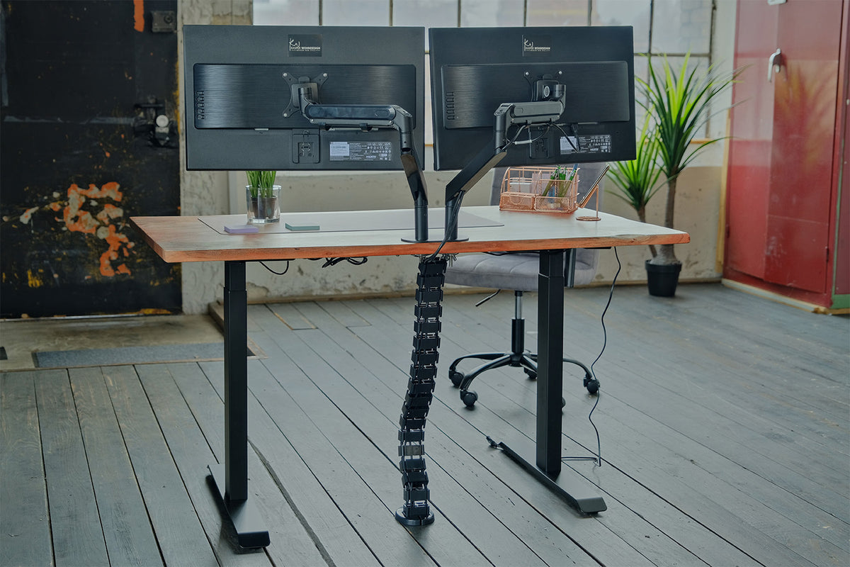 KAWOLA Schreibtisch LORA mit Monitorhalterung elektrisch höhenverstellbar mit Baumkante Nussbaumfarben massiv, 140 x 80