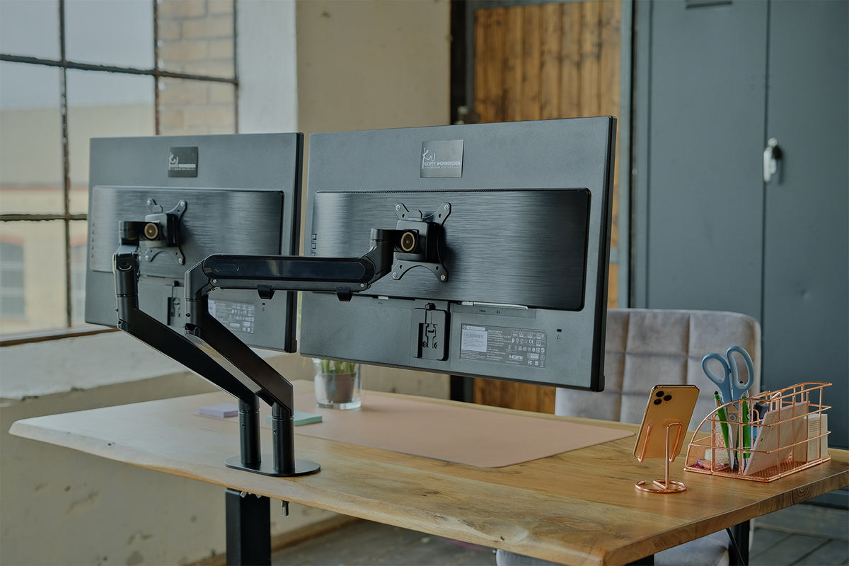 KAWOLA Schreibtisch LORA mit Monitorhalterung elektrisch höhenverstellbar mit Baumkante massiv