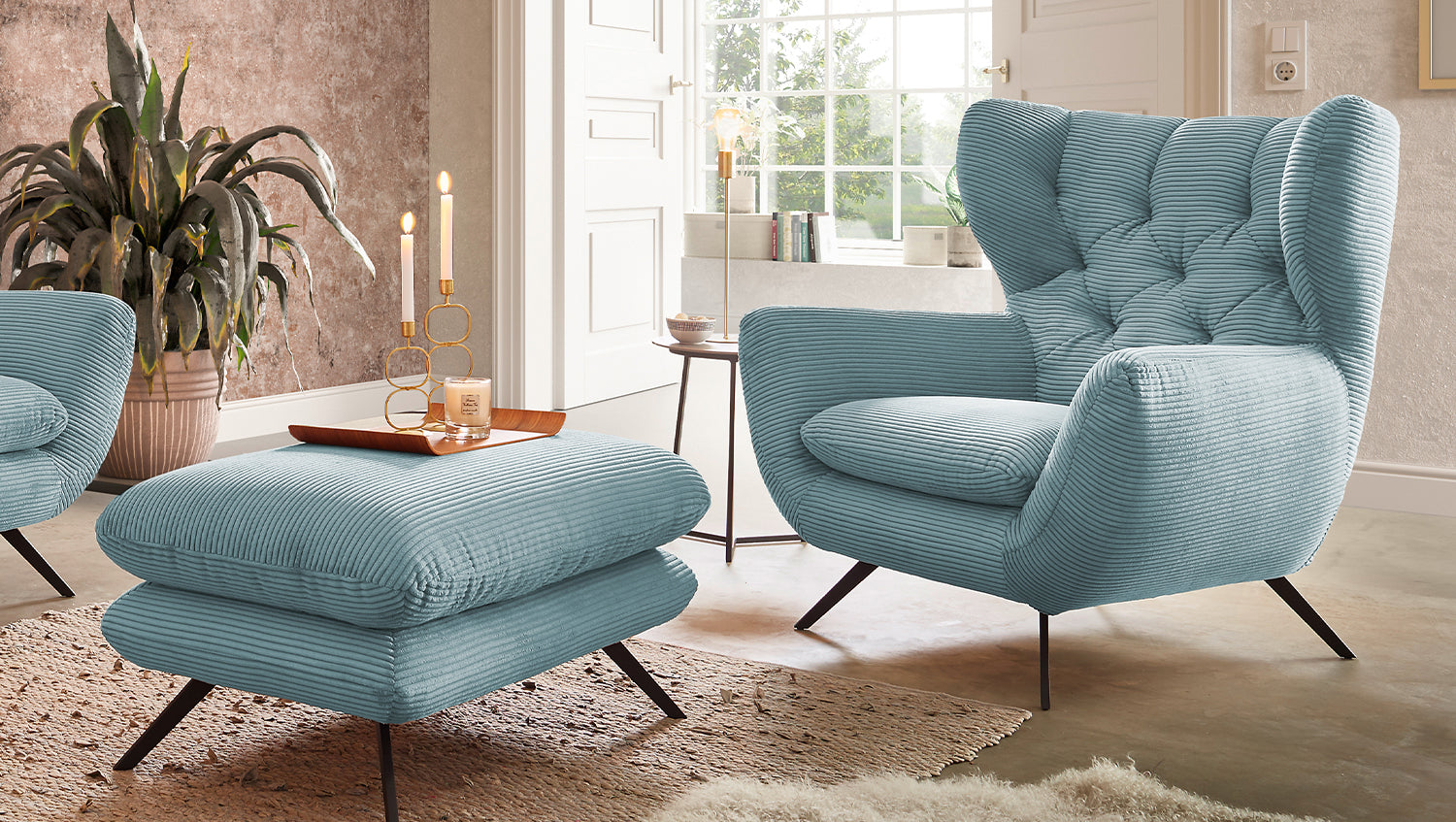KAWOLA Sessel CHARME Hochlehnsessel Cord hellblau, Mit Fußhocker
