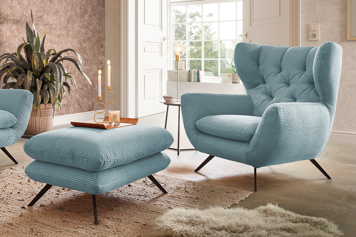 KAWOLA Sessel CHARME Hochlehnsessel Cord hellblau, Mit Fußhocker