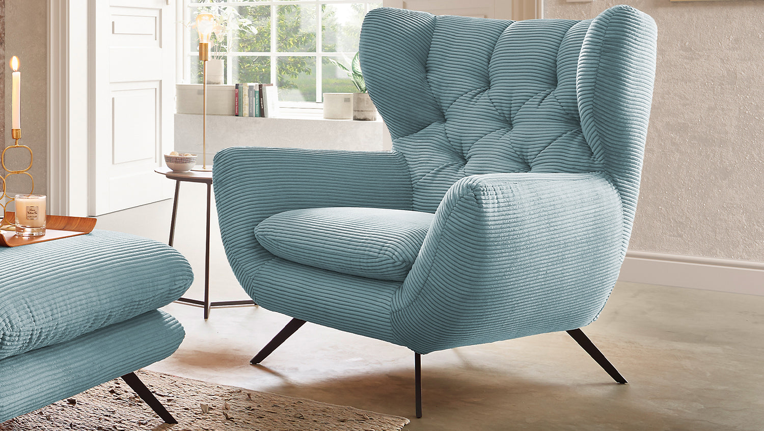 KAWOLA Sessel CHARME Hochlehnsessel Cord hellblau, Ohne Zusatzausstattung