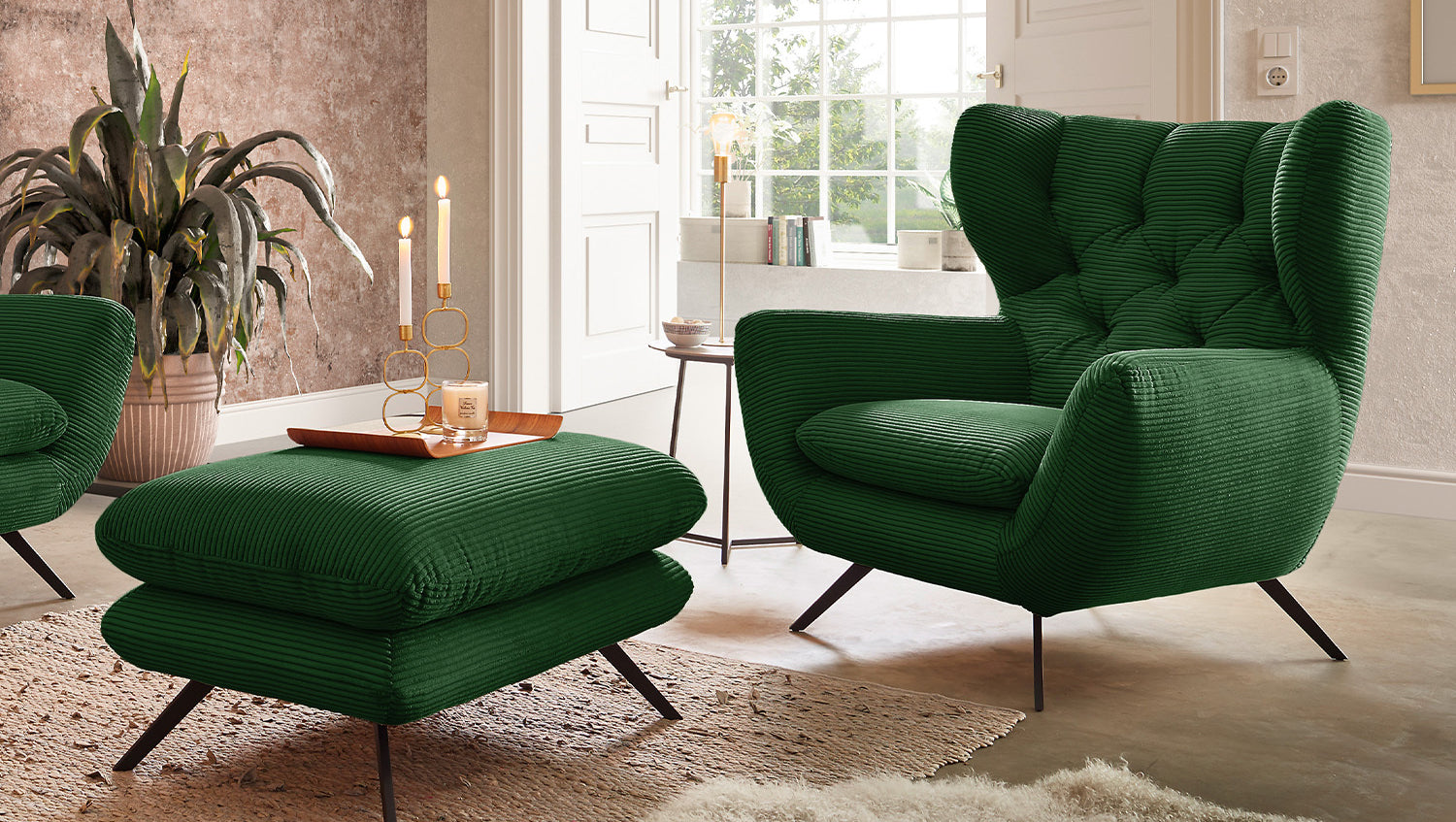 KAWOLA Sessel CHARME Hochlehnsessel Cord smaragd, Mit Fußhocker