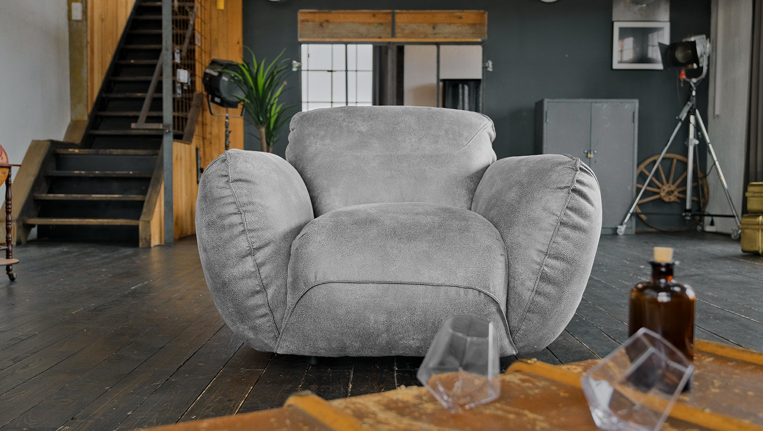 KAWOLA Sessel DAVITO Lederimitat im Vintagelook grau