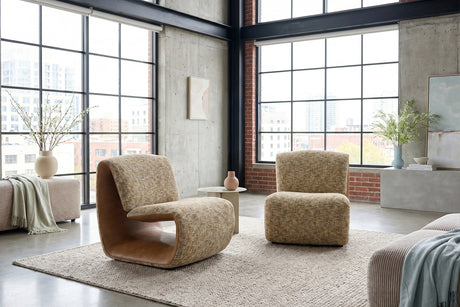 KAWOLA Sessel HAZEL Loungesessel Stoff multi beige / Kunstleder braun