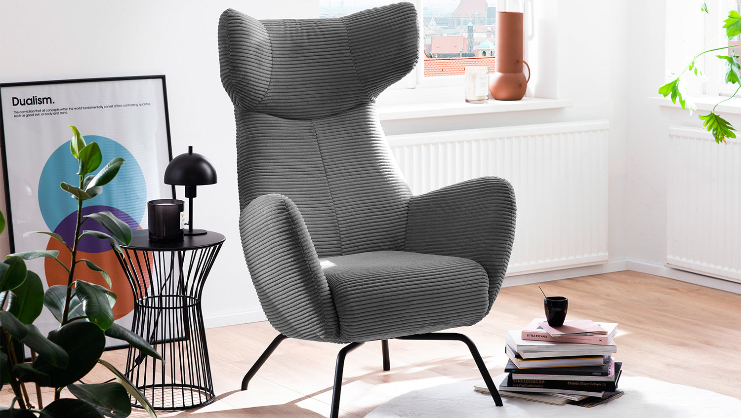 KAWOLA Sessel LOTTE Ohrensessel Cord grau