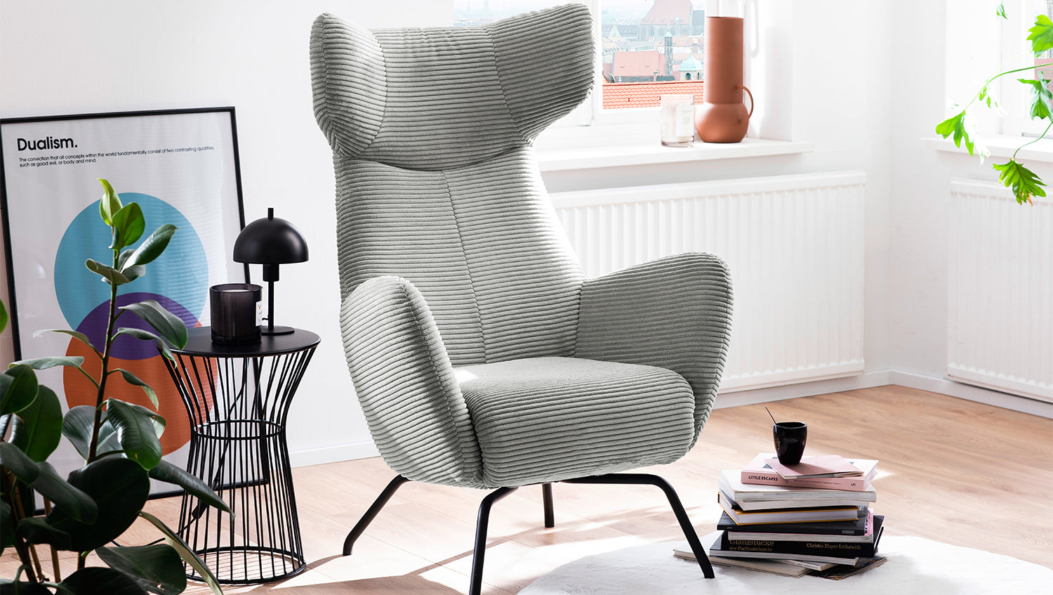 KAWOLA Sessel LOTTE Ohrensessel Cord hellgrau
