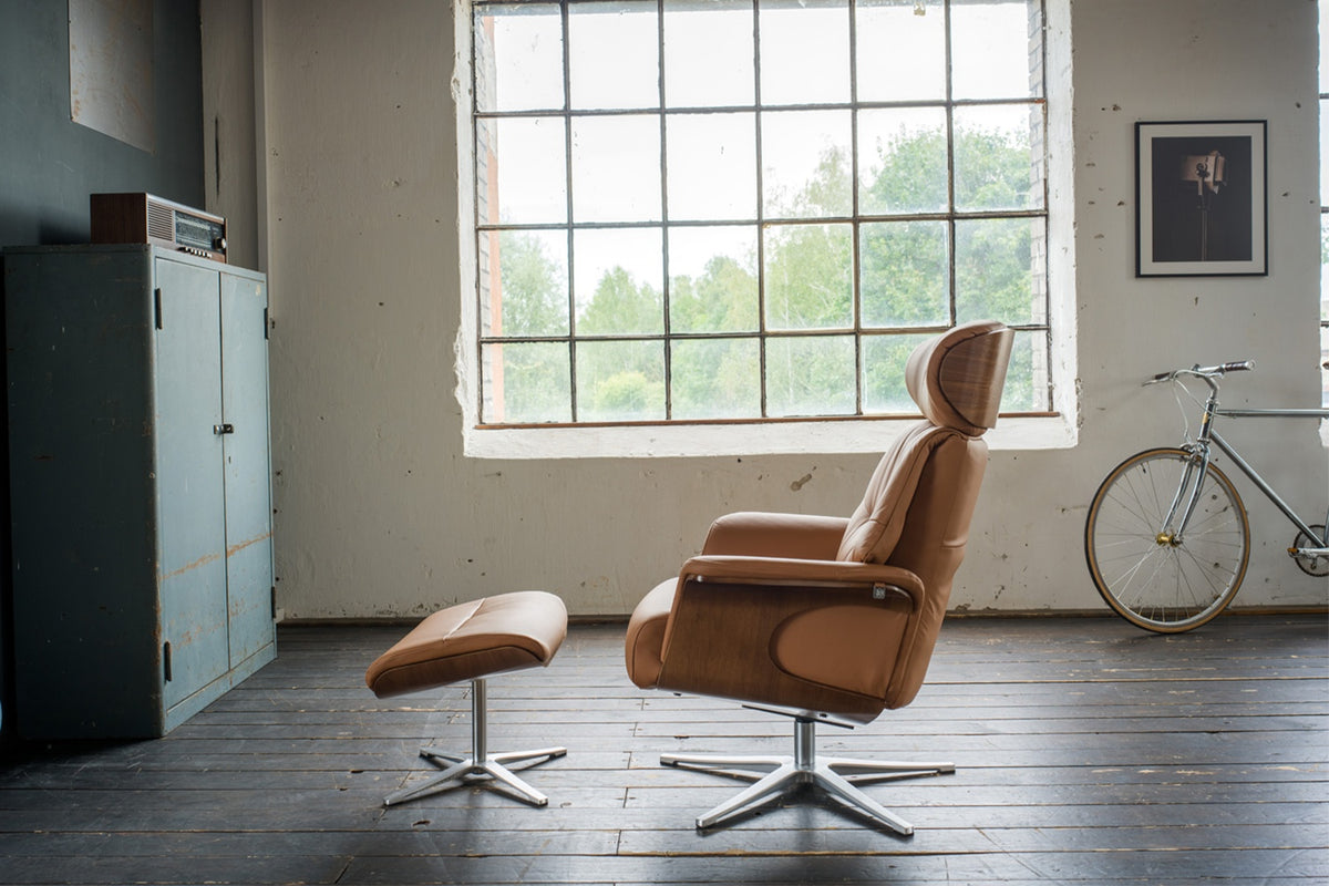 KAWOLA Sessel TOSAR Relaxsessel drehbar Leder braun mit Hocker